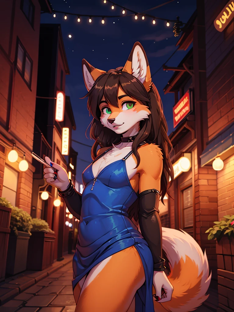 Best quality, furry male fox with green eyes, with brown long hair, with black spout, with red lipstick on lips, big lips, in a blue dress, crossdressing, shy, bare chest, sexy pose, portrait, Against the background of the night street