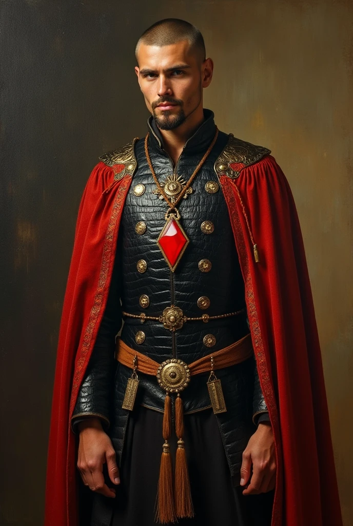 {{Masterpiece, best quality, realistic oil painting, by Gustav Klimt, by Franz von Stuck, by Théodore Géricault, muted colors, male focus}}, (((dramatic half body portrait of a 25 years old male ancient Emperor, solemn, valiant, upright, brown skin ,lean, blonde, smiling, goatee, buzzcut, kohl painted eyes))). ((he is wearing a black and red, iridescent silk draped, ronin uniform, armor lorica, made of sheen alligator leather, with Praetorian inspired elements, shogun inspired elements, wearing a large red diamond shape pendant)).