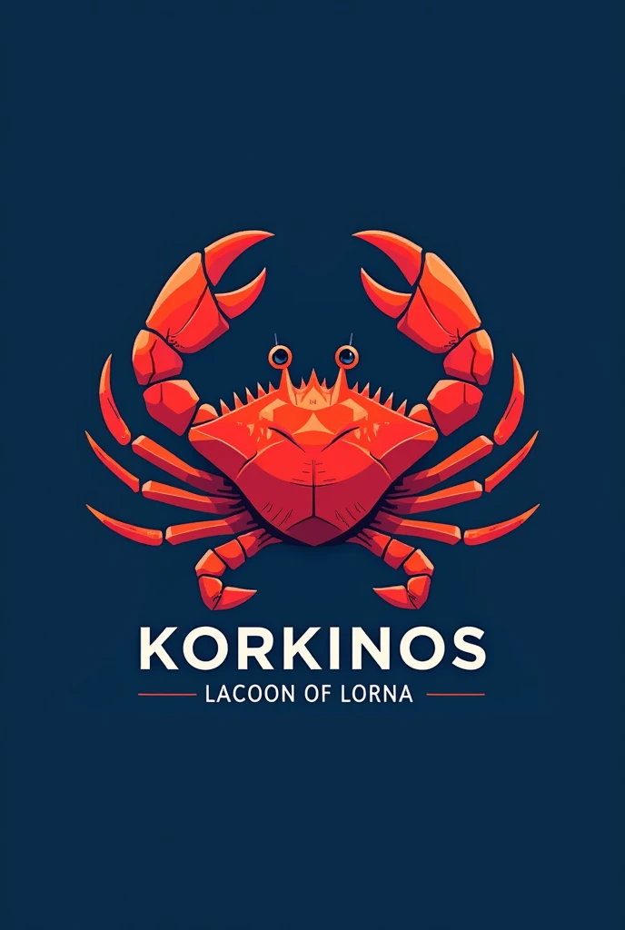 Professional logo with 'KORKINOS' in strong, sans-serif capital letters, and 'Lagoon of Lorna' in smaller, elegant script below. Centerpiece features a highly detailed crab emblem: intricate exoskeleton patterns, pronounced pincers, and visible legs. Crab design incorporates geometric shapes and sharp lines for a modern twist. Vivid red crab contrasts against a solid deep blue background representing the sea. No fading or gradients; all elements have clear, crisp edges. Color scheme strictly limited to bold red and rich blue throughout. Overall design balances complexity in the crab illustration with clean, corporate styling in the text elements.