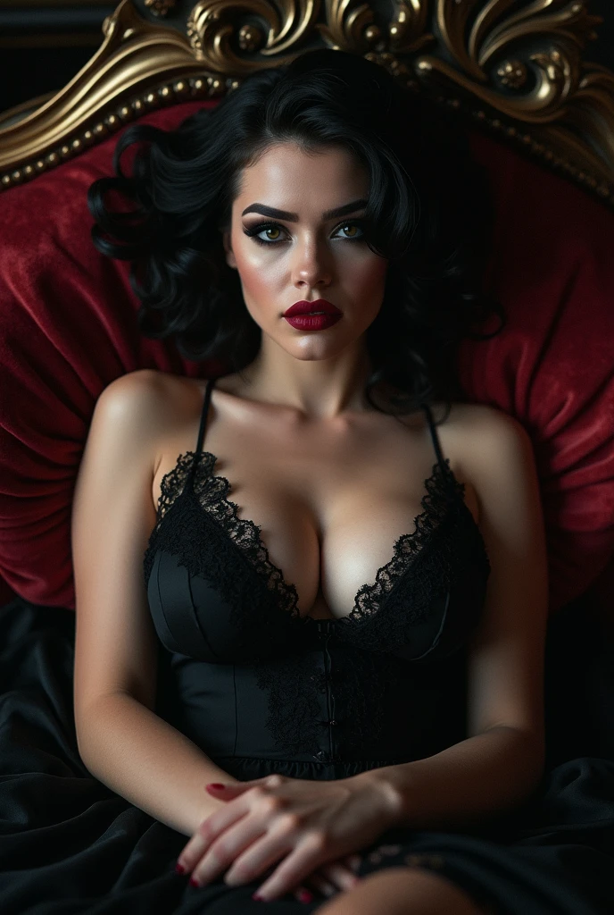 Sexy girl gothic makeup huge breasts on bed half naked