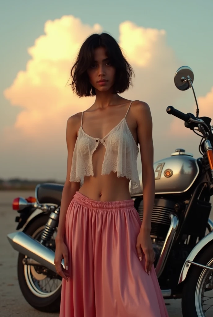 (((realistic))), (a boy stand front a vintage motocycle:1.65), indian boy focus, ((see through white frilly shirt:1.3), (full shot), (pink maxi satin skirt:1.3), nudity, (sweaty)), (flashing panty:1.2), 25 years old, (beautiful puffy clouds, sunset sky), (dusk, venice alley background:1.5), (, slim, thin body, puffy nipple:1.3), (photography, realistic, bokeh, blur), ((wavy short bob cut)), (cenimatic lights, soft lights:1.3)