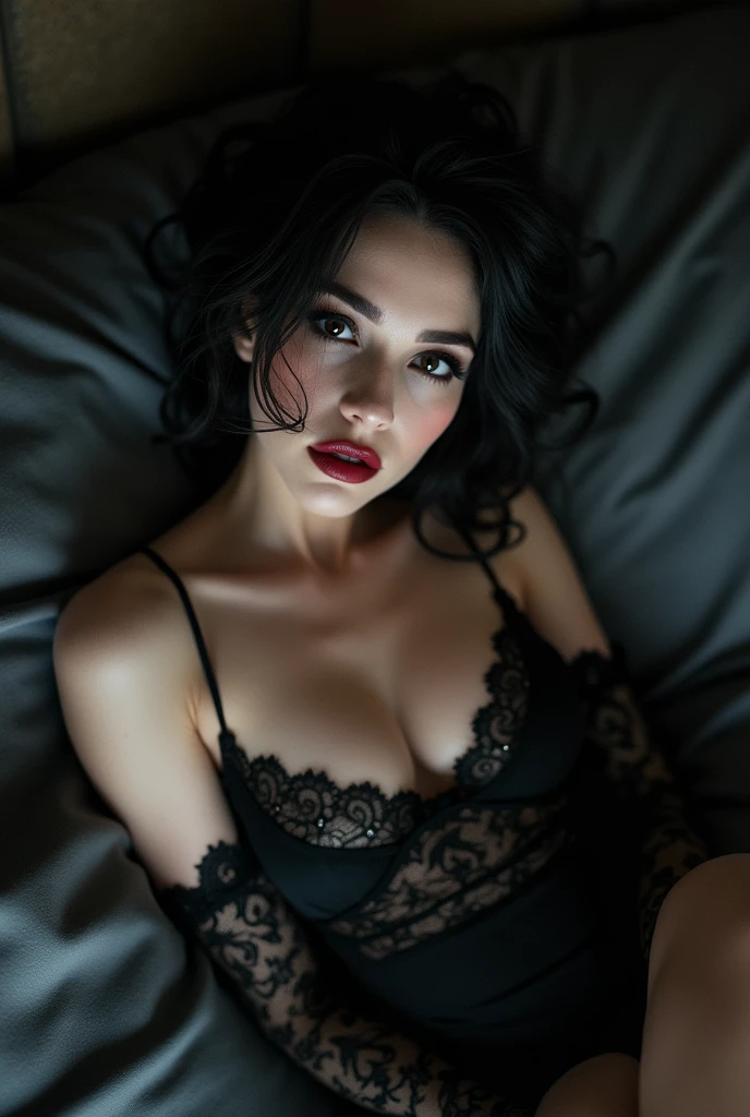 Sexy girl gothic makeup huge breasts on bed half naked