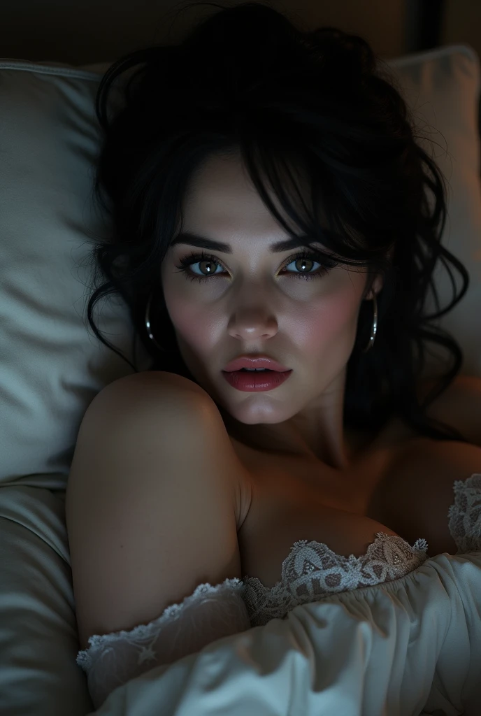 Sexy girl gothic makeup huge breasts on bed half naked