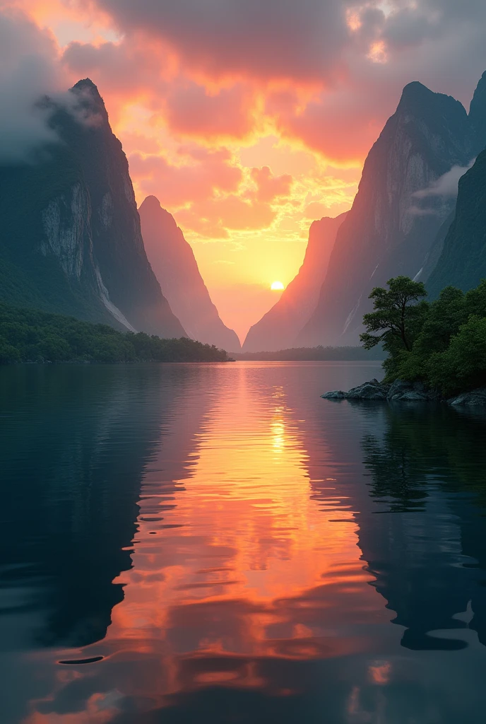 Two green mountains and big sunset in the middle reflect on the water