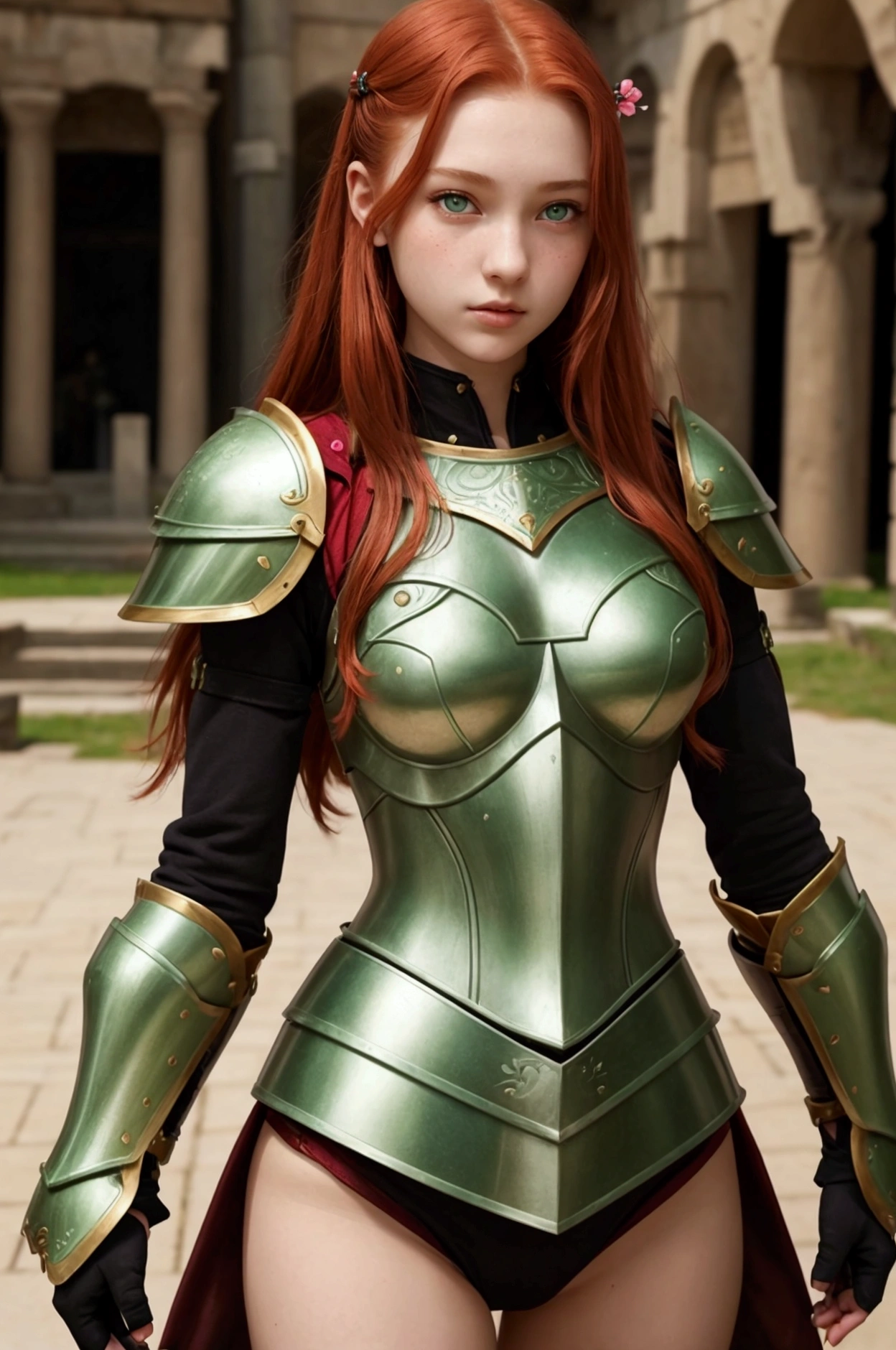 Teen girl, (1.4), , perfect face, detailed face, detailed face, sakura, green eyes, redhead, curvys, warriors, using sexy armor, roman armor, very small breats, sexy, lesbians, full body