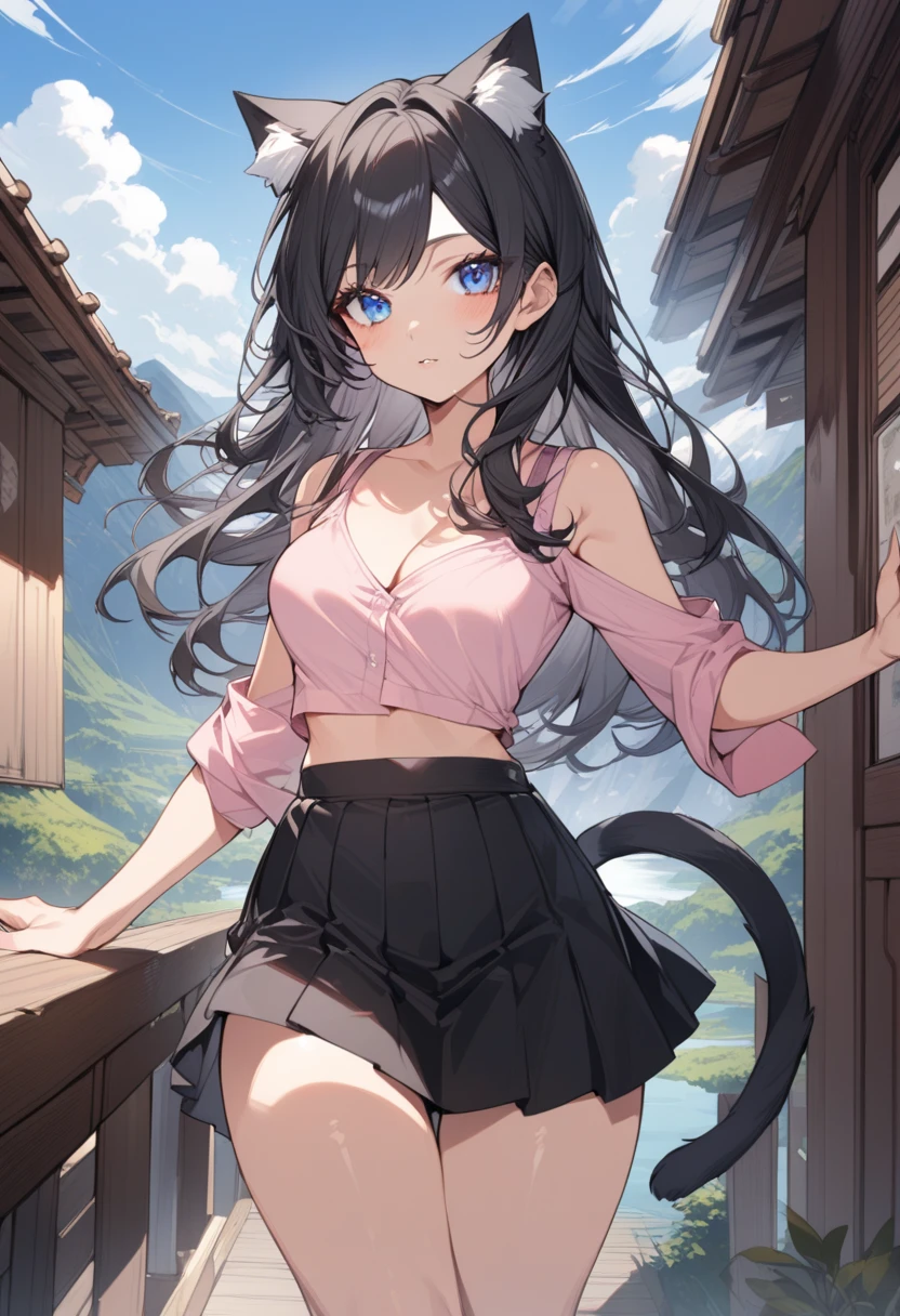 1female, solo, in her 20s, mature woman, black hair, long hair, blue eyes, cat ears, cat tail, nekomimi, medium breasts, perky breasts, full hips, amazing scenery, beautiful scenery, wearing pleated black skirt, pink crop top, black open blouse