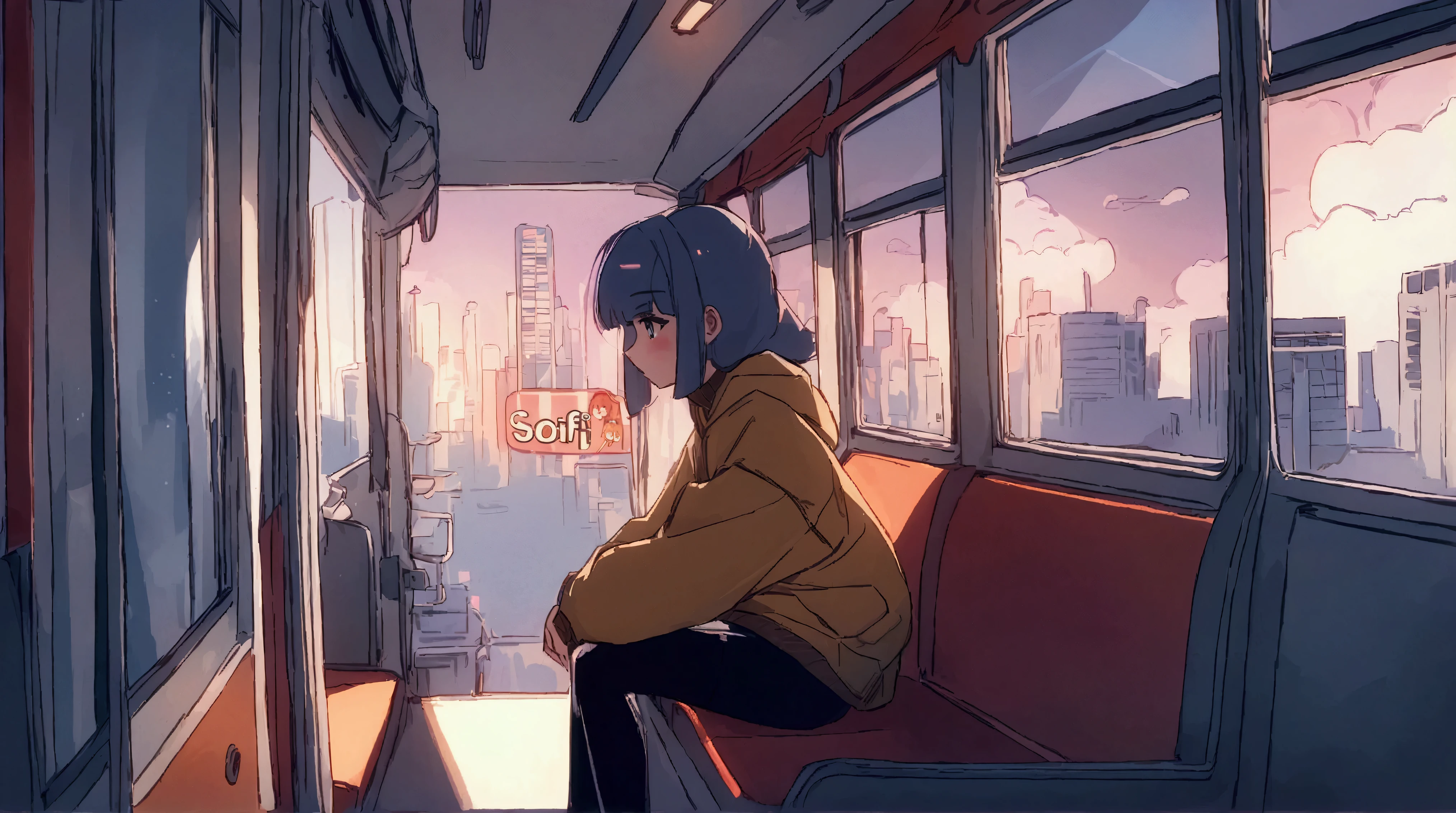 anime girl sitting on a bus looking out the window at the city, an anime drawing by Yuumei, trending on cg society, digital art, lofi hip hop, lofi girl, lofi artstyle, lofi art, lofi feel, chillhop, lofi vibes, lofi aesthetic, lofi, lofi girl aesthetic, anime aesthetic