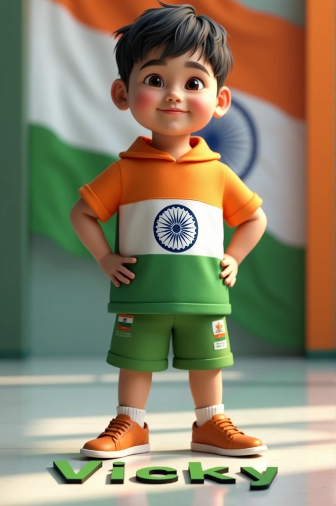 create a 3d realistic image of a boy wearing clothes of Indian flag and he is posing and his Vicky name is clearly written in bold letters on the white glossy floor below, and the background view is blurred with the colors of Indian flag, make sure the name should be visible and correct. Create high quality images.
