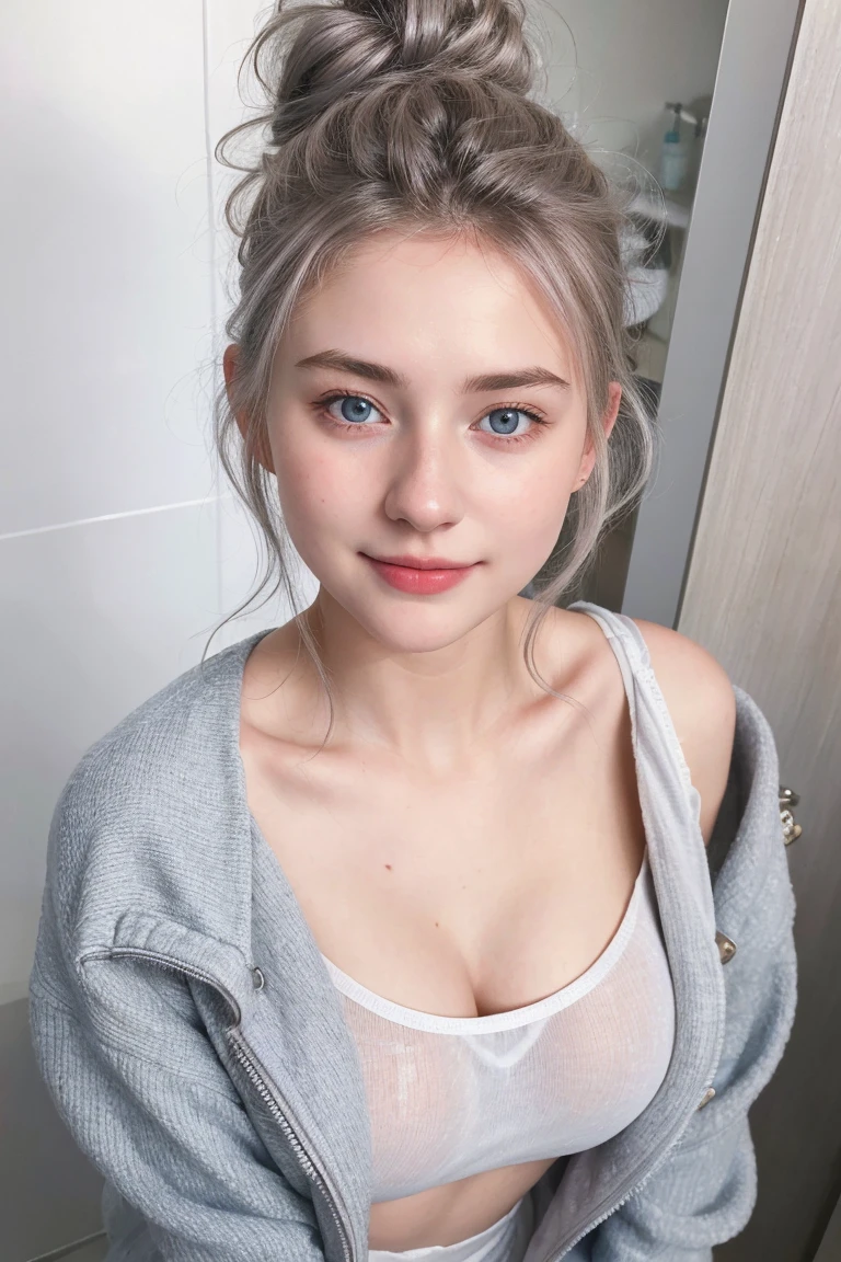 1 Girl, Beautiful, Baby Face, 20 Years Old, White Skin, , naked , Skinny, , , standing in The Bathroom,attractive , seductive, , , medium breasts, Grey Hair, Silver messy bun hairstyle, raised up arms, ((adorable:1.1)), ((masterpiece:1.1)), Sleepy Cute Face, grey hair,silver messy hairstyle, blue eyes, attractive, seductive, dynamic angle, soft laughter, (Shoulder off outer Jacket), (8k, RAW photo, best quality, masterpiece: 1.2), (realistic, realistic: 1.37), ,(((masterpiece))),(best quality),solo, extremely detailed, detailed face,(full body:1.2), the portrait is centered,(close-up:1.4),upper body,(from above:1.4),(wide-angle lens:1.2), looking at viewer,