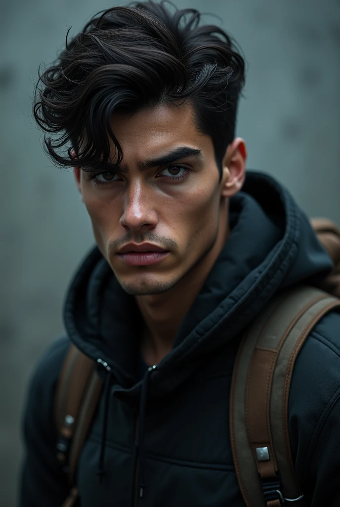 A black haired man with striking black eyes, holding a backpack
