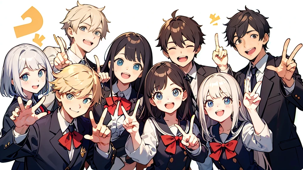 The background is a classroom。The boys and girls are laughing out loud with big, happy smiles.。The five fingers are drawn in a natural way.。Palms pointing upwards。Doing a peace sign with your hand。