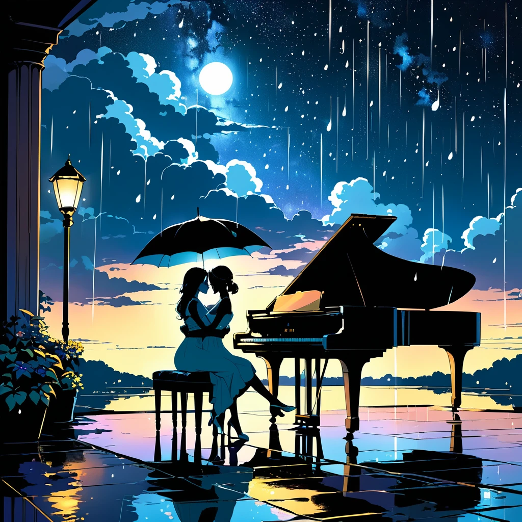 A serene night scene with gentle rain falling softly. The image should capture the romantic atmosphere of night with a gentle crown of clouds. Include a softly lit music box in the distance, blending with the whispers of the night. A piano is playing under the rain, symbolizing the echoes of heartbeats, with a couple dancing gracefully through the raindrops. Moonlight reflects in their eyes as they embrace under the sky, creating a feeling of love and quiet intimacy. The stars above add to the melody of love in the air