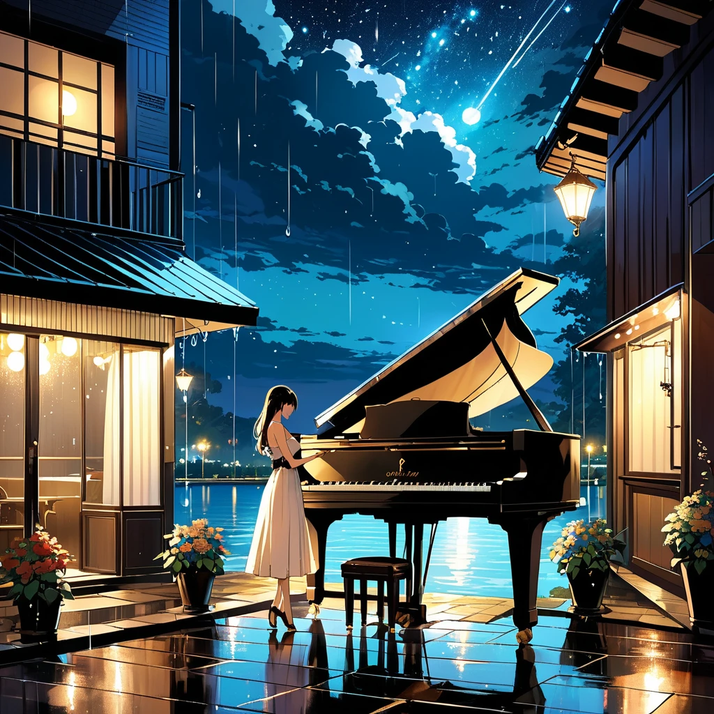 A serene night scene with gentle rain falling softly. The image should capture the romantic atmosphere of night with a gentle crown of clouds. Include a softly lit music box in the distance, blending with the whispers of the night. A piano is playing under the rain, symbolizing the echoes of heartbeats, with a couple dancing gracefully through the raindrops. Moonlight reflects in their eyes as they embrace under the sky, creating a feeling of love and quiet intimacy. The stars above add to the melody of love in the air