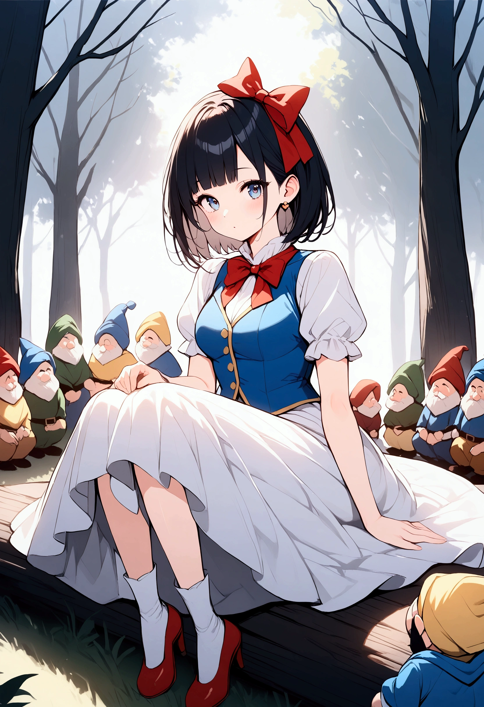 in the forest,snow white,Big Red Ribbon,((White Dress,Blue Vest)),((The Seven Dwarfs))、sit
