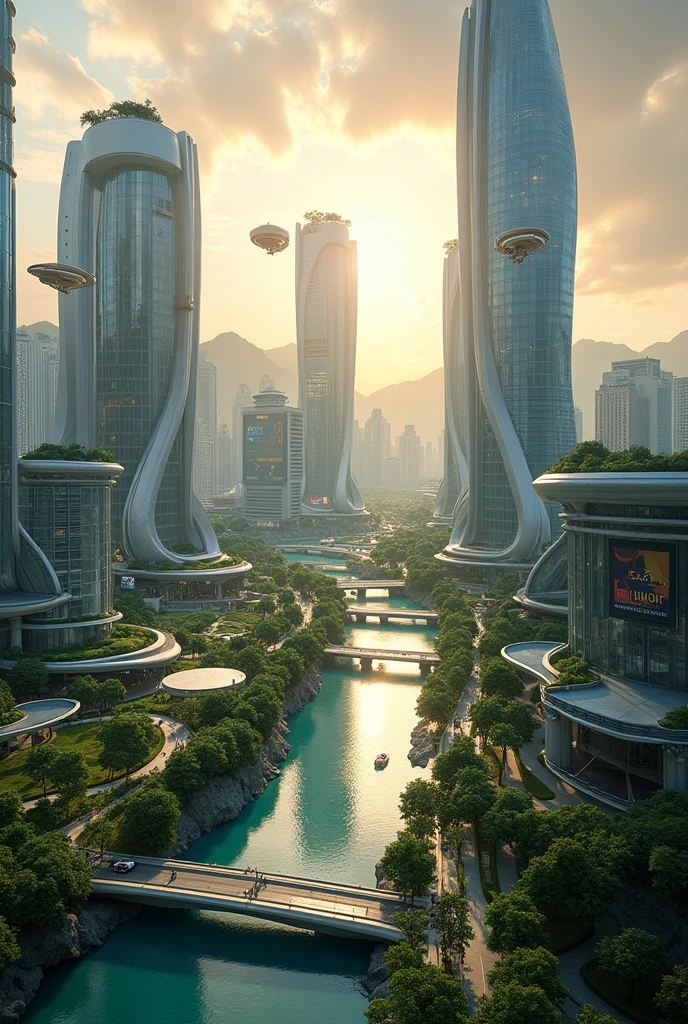 A futuristic cityscape of Ipoh, Malaysia in the year 2154. Towering skyscrapers with sleek, curved designs dominate the skyline, with advanced architecture that integrates greenery and sustainable technology. Hovering vehicles zip through the air along transparent roads, while pedestrian walkways are elevated and lined with digital billboards. The Kinta River is clean and vibrant, surrounded by floating parks and high-tech recreational areas. The backdrop includes a blend of natural limestone hills and futuristic urban development, with a crepuscular clouds casting a warm, golden hue over the city.8k image,hyper realistic.