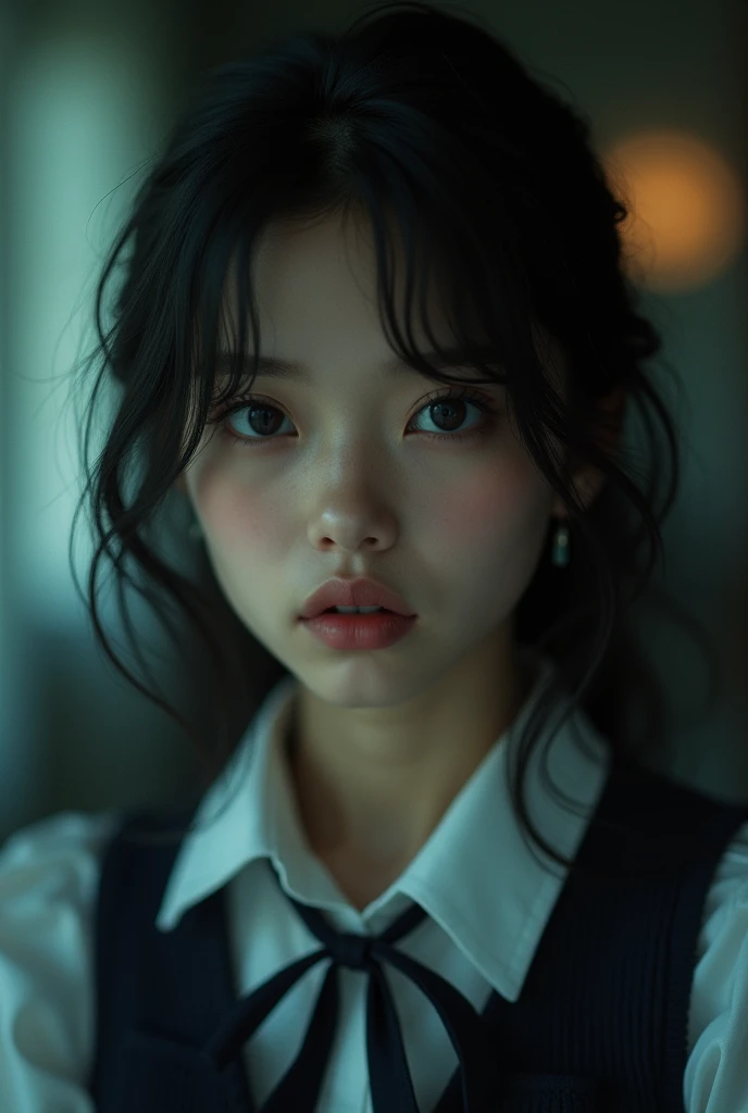 female in school uniform,restraints,beautiful detailed eyes,beautiful detailed lips,extremely detailed eyes and face,longeyelashes,cinematic lighting,dramatic shadows,intricate details,photorealistic,ultra-detailed,8k, best quality,masterpiece,highly detailed,intricate,chiaroscuro,dramatic lighting,moody atmosphere