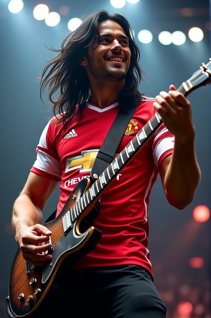 A picture of an athletic man with long black hair,playing guitar wearing Manchester United Jersey,on a concert stage,HD high resolution images, realistic and real 