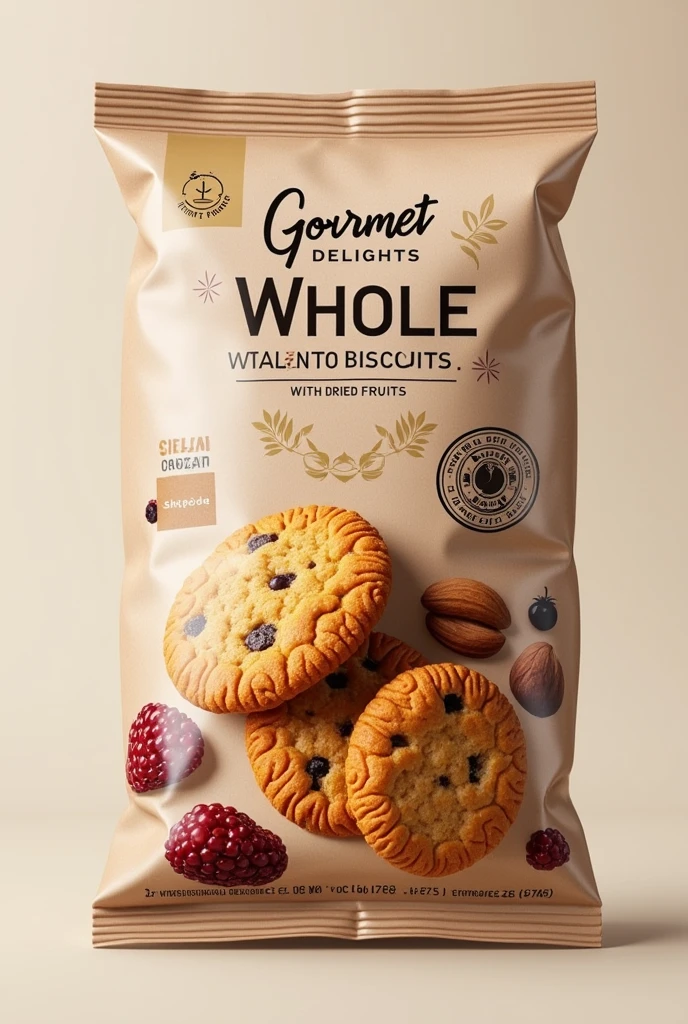 (photorealism:1.2), Create high-quality cookie packaging to launch on the market "Whole wheat biscuits with dried fruit" the company is called "Gourmet Delights" Take into account protection factors, Ingredients, presentation, sustainability. Keep in mind that it is in Colombia and all the steps necessary to bring it to market, but it should be in Spanish and attract attention. That they come in a package of X6 cookies and that they are Colombian. That it comes in another package and looks appetizing, and there are nuts