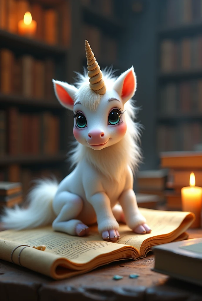 A baby unicorn surrounded by ancient scrolls, reading them with a wise and focused expression.