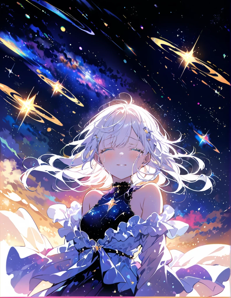 Attention to detail, Super Detail, Ultra-high resolution, Girl having fun in a dream galaxy, Surrounded by stars, The warm light that shines on her, The background features a starry sky with colorful galaxies and galactic clouds, The stars fly around her, Delicate face, dreamy.Are crying、White Hair、