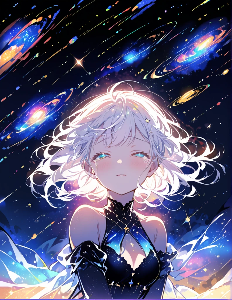 Attention to detail, Super Detail, Ultra-high resolution, Girl having fun in a dream galaxy, Surrounded by stars, The warm light that shines on her, The background features a starry sky with colorful galaxies and galactic clouds, The stars fly around her, Delicate face, dreamy.Are crying、White Hair、