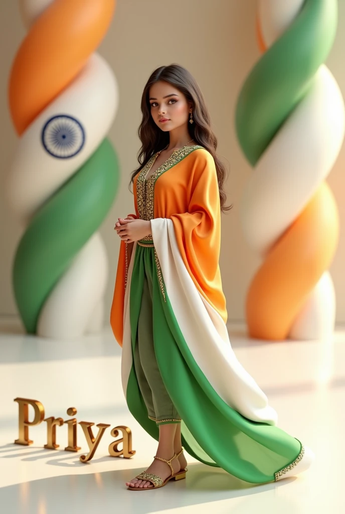 create a 3d realistic image of a girl wearing clothes of Indian flag and he is posing and his priya name is clearly written in bold letters on the white glossy floor below, and the background view is blurred with the colors of Indian flag, make sure the name should be visible and correct. Create high quality images.