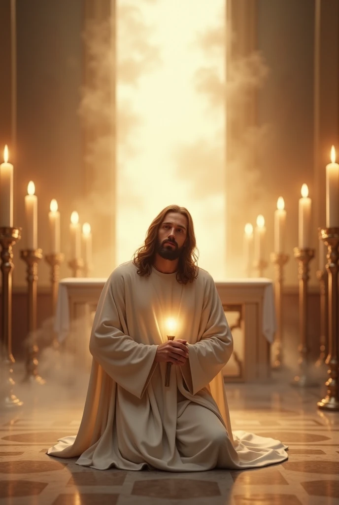 (photorealism:1.2), Crying handsome Jesus Christ, kneel praying under the altar of the priest that full of clouds and sorrounded of many candles, wearing the most elegant all white clothes of the king with light in his head and heart spreading all over, perfect face impression, perfect five finger, long beautiful nice view of hair, indoors, high lighting, clouds in background, beautiful light, perfect church and clouds, relaxed pose, realistic, intricate details, light colors,