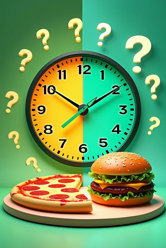 Background: A dynamic, split background with a pizza on one side and a burger on the other.

Central Visual: A large, digital clock face in the center, with a timer of 10 minutes.

Accent: question marks trailing from the clock.



Include the following text at the top of the image:
"Swish: Faster than you can choose between pizza and burger. Delivered in 10 minutes or less!"

Keep the theme of the image green.