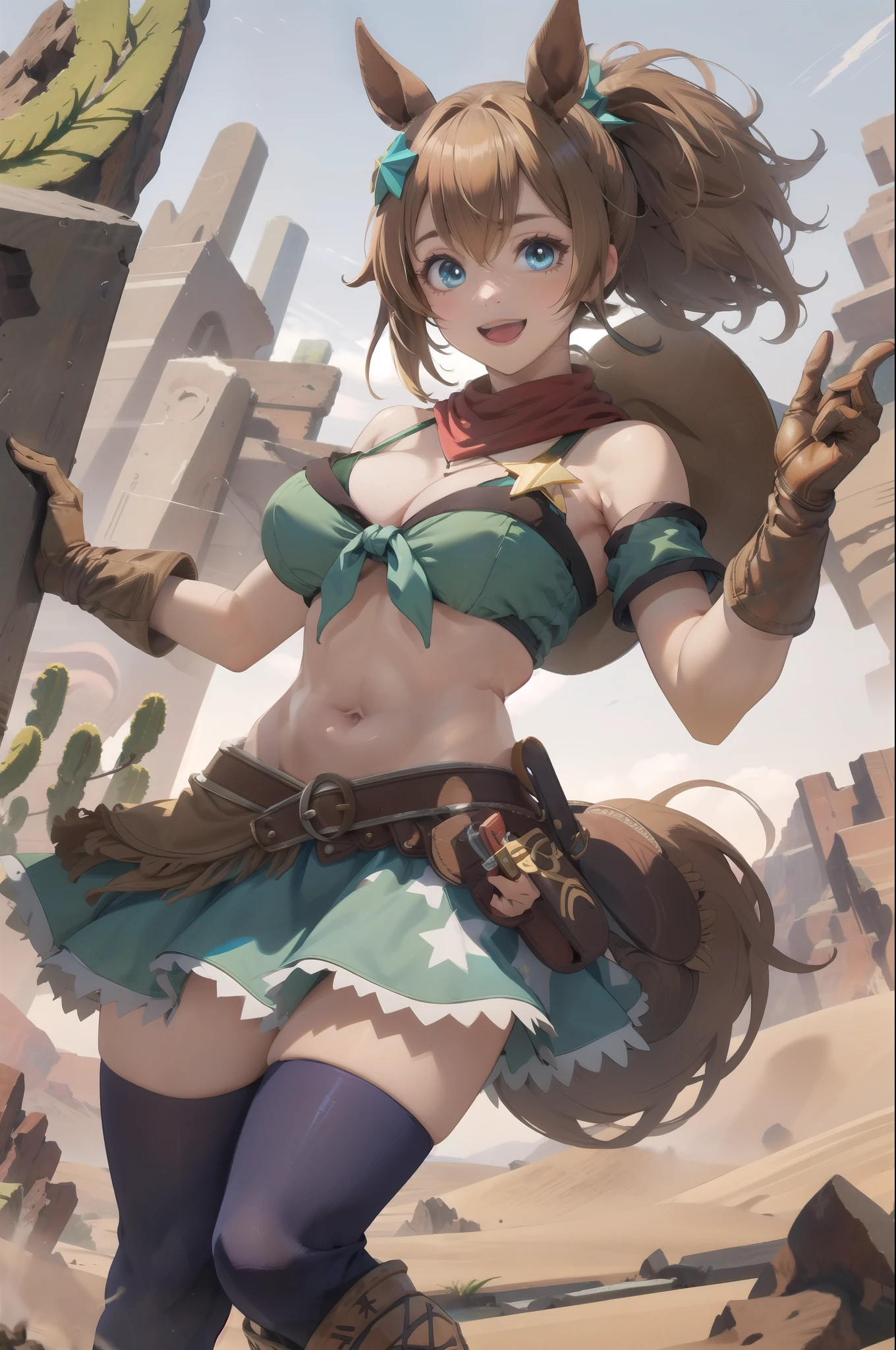 masterpiece, Highest quality, High resolution, peace, Aqua Eye, Ma Niang, star hair ornament, Horse tail, bandana, Exposing shoulders, Cleavage, Front tie top, Bikini under clothes, Armband, belly button, Brown gloves, skirt, star (symbol), belt, Weapons with holsters, zettai ryouiki, Purple knee socks, smile, Open your mouth, Eyes Wide Open, desert, surprised, View your viewers, Cowboy Shot, Raise your eyebrows, Happy