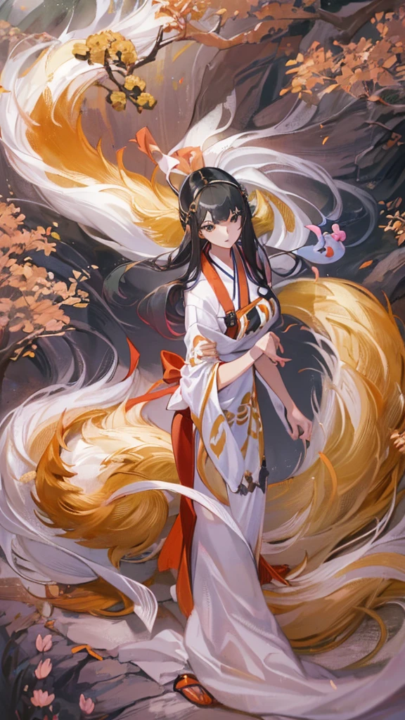 best quality,masterpiece,Ultra-high resolution,(photoactual:4:0),An oriental nine-tailed spirit fox woman.long hair shawl,Wear cool clothes,apron,Cooking in the kitchen