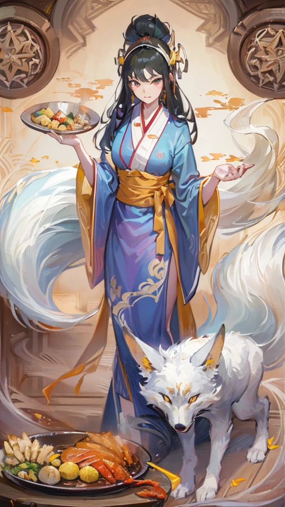 best quality,masterpiece,Ultra-high resolution,(photoactual:4：0）,An oriental nine-tailed spirit fox woman.long hair shawl,Wear cool clothes,apron,Cooking in the kitchen