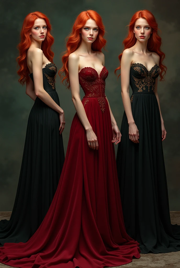 Redhead girl in long black and red dress full body ,three positions