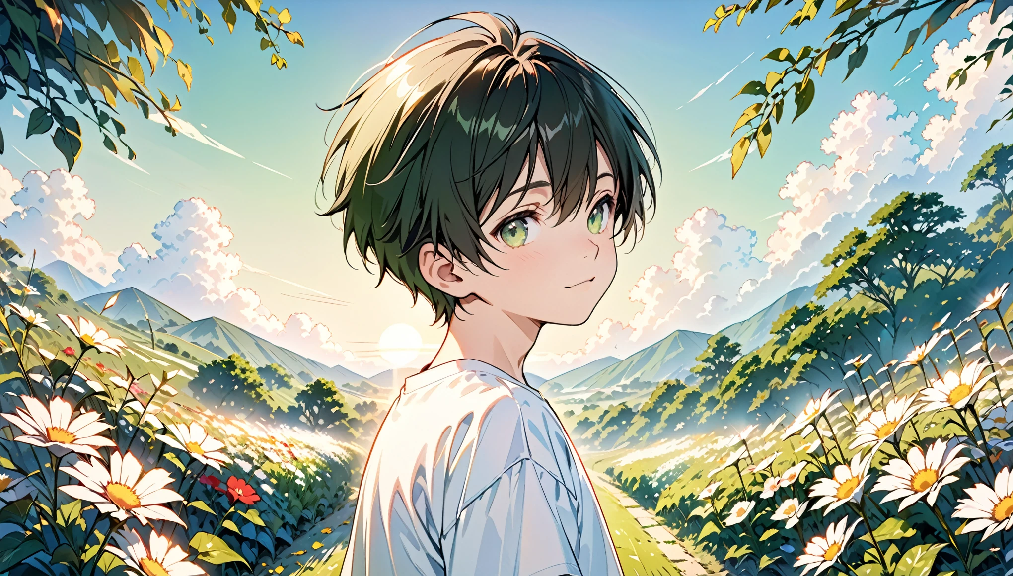1 boy, (()), (shota), (10 years o in a field of green plants and flowers, white short hair, shiny green eyes, light smile, white short t-shirt, beige cotton short, warm lighting, beautiful background, background blur, from front, from behind, look at viewer, best quality, high quality, absurd-resolution, highly detailed, masterpiece, 8k, detailed eyes, detailed face, detailed hair, perfect lighting,