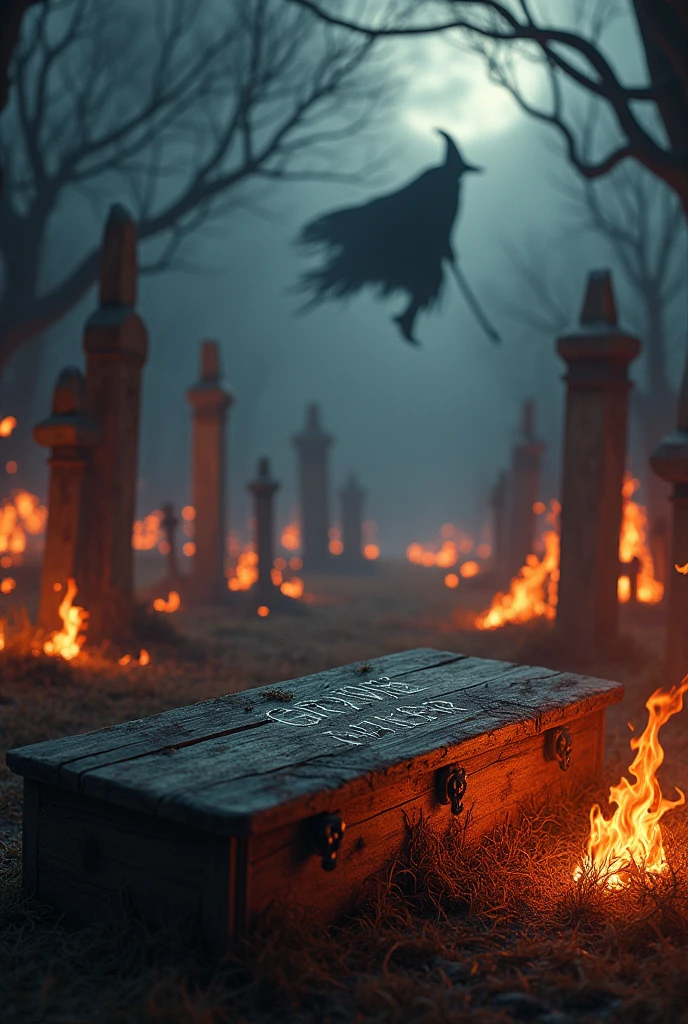 There is a horror title "Grave Walker" written on a wooden coffin. In the background all the grave yard is burning like a hell. There is night background and a witch is flying on its broom in the sky. A 3D, aesthetic, horror, fantasy poster.