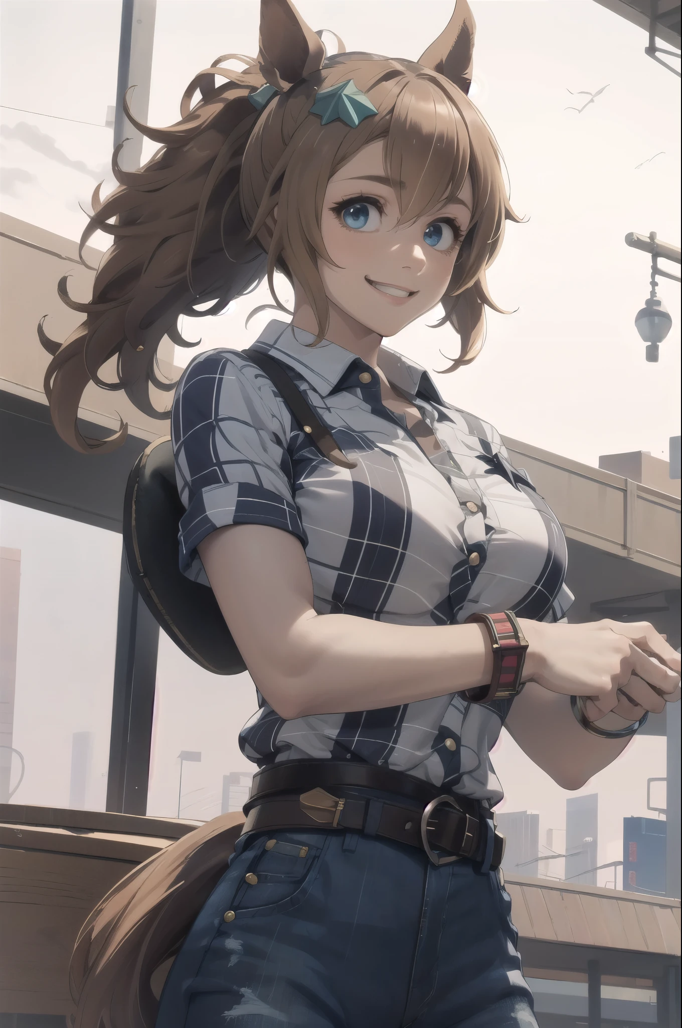 masterpiece, Highest quality, 
Taiki Shuttle \(umamusume\), Smiling faceYellow shirt, Check shirt, Collared shirt, revolver, Tea belt, jeans, jewelry, denim, bracelet, Blue pants, Collared shirt, Rolled up my sleeves,
 