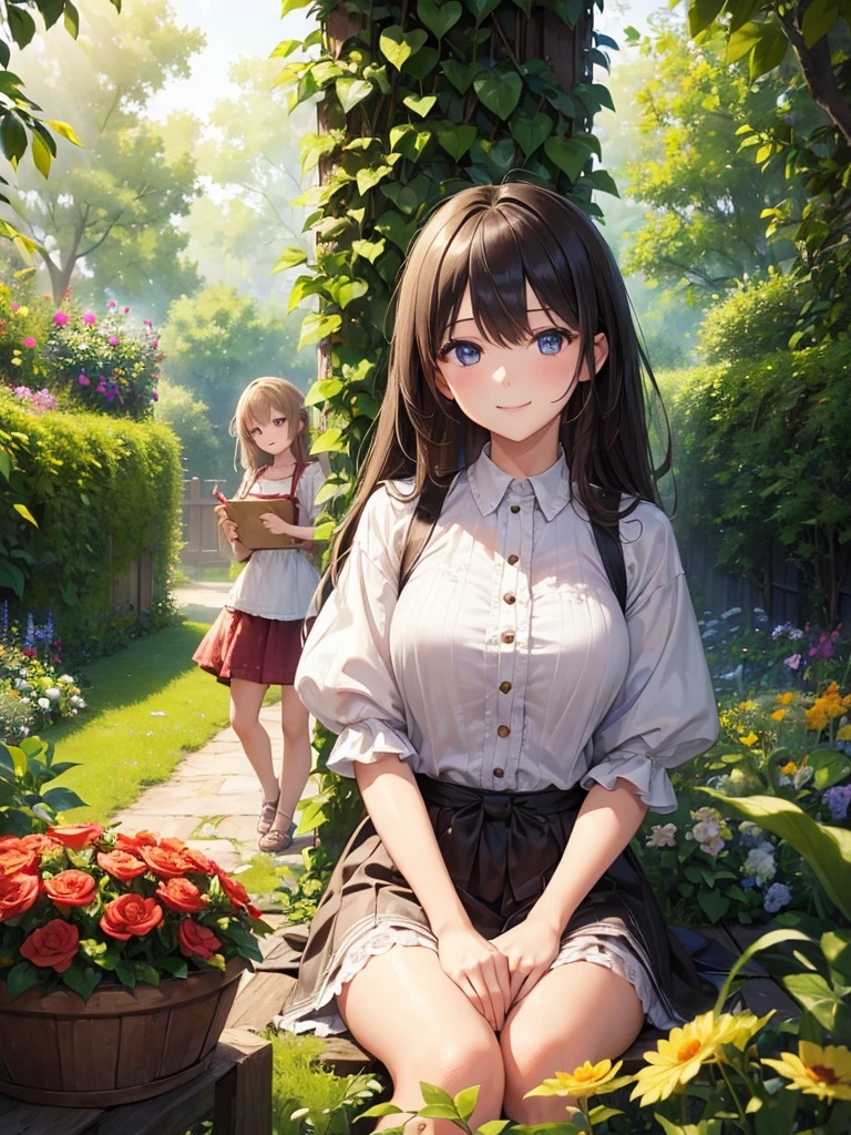(masterpiece:1.5),(Beat quality),(high res),2girls,beautiful face,smile(shining eyes),upper body,light effects,A plainclothes woman and her sister,garden