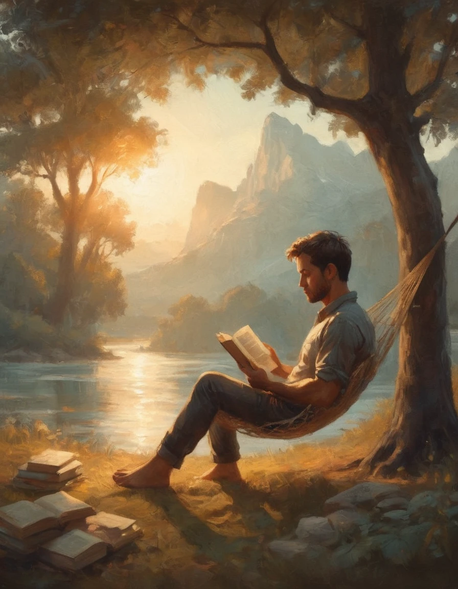 Hyperreal digital art style, "Fairytale", fantasy world coming out of centered book, open book, hyperdetailed double exposure fantasy illustration, masterpiece, cinematic, by Andreas Lie, Luke Gram, photorealism, backlit, gorgeous light, a man resting in a hammock reading a book
