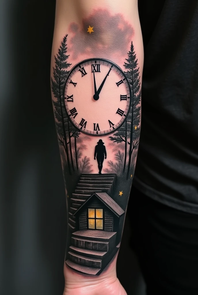 Here are some ideas for your tattoos:

### Tattoo 1: Big clock with goal achievement - **design**: A big watch on the arm, where each hour represents a specific goal you have achieved. 
- **Additional Elements**: You can add small stairs around the clock, con una figura de ti mismo subiendo las escaleras and caminando hacia el reloj, symbolizing that you are on your way to your goals.

### Tattoo 2: Silueta de un bosque con los nombres German and carmen
- **design**: A forest scene with a cabin in the center. Puedes incorporar siluetas de árboles and estrellas en el cielo.
- **Additional Elements**: Put the names "German" and "carmen" on the edge of the hut or on the trunk of a tree, using artistic typography that blends with the natural environment. In the middle, you can have a figure of yourself looking towards the cabin, simbolizando tus raíces and el amor de tus padres.

both tattoos done on the same arm, el primer tatuaje del hombro al bíceps and el segundo en el antebrazo para hombre es el tatuaje