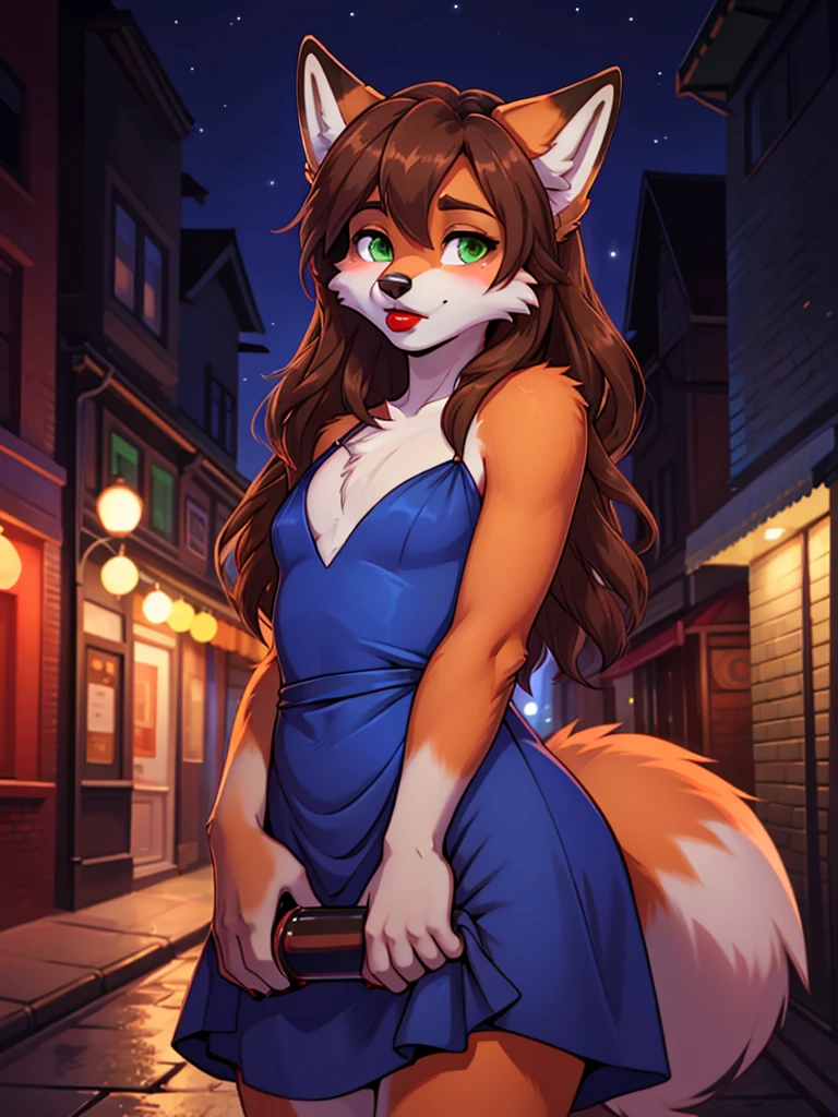 Best quality, furry male fox with green eyes, with brown long hair, with black spout, with red lipstick on lips, big lips, in a blue dress, crossdressing, shy, bare chest, sexy pose, portrait, Against the background of the night street
