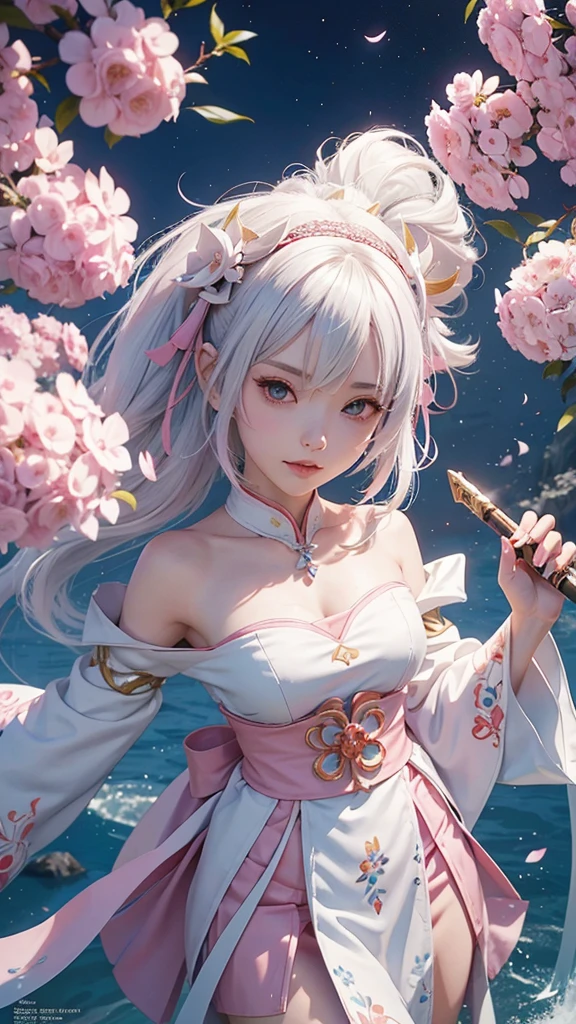 Anime girl with white hair and a pink dress holding two swords, Onmyoji portrait, onmyoji, The Detailed Art of the Onmyoji, Ayaka Genshin Impact, Azur Lane Style, Azur Lane Characters, Ayaka Games Genshin Impact, Katana Zero video game characters, From the Azur Lane video game, mika kurai demon, Official artwork