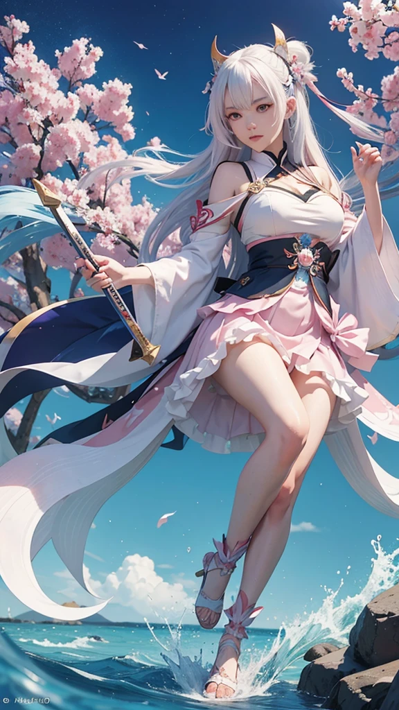 Anime girl with white hair and a pink dress holding two swords, Onmyoji portrait, onmyoji, The Detailed Art of the Onmyoji, Ayaka Genshin Impact, Azur Lane Style, Azur Lane Characters, Ayaka Games Genshin Impact, Katana Zero video game characters, From the Azur Lane video game, mika kurai demon, Official artwork