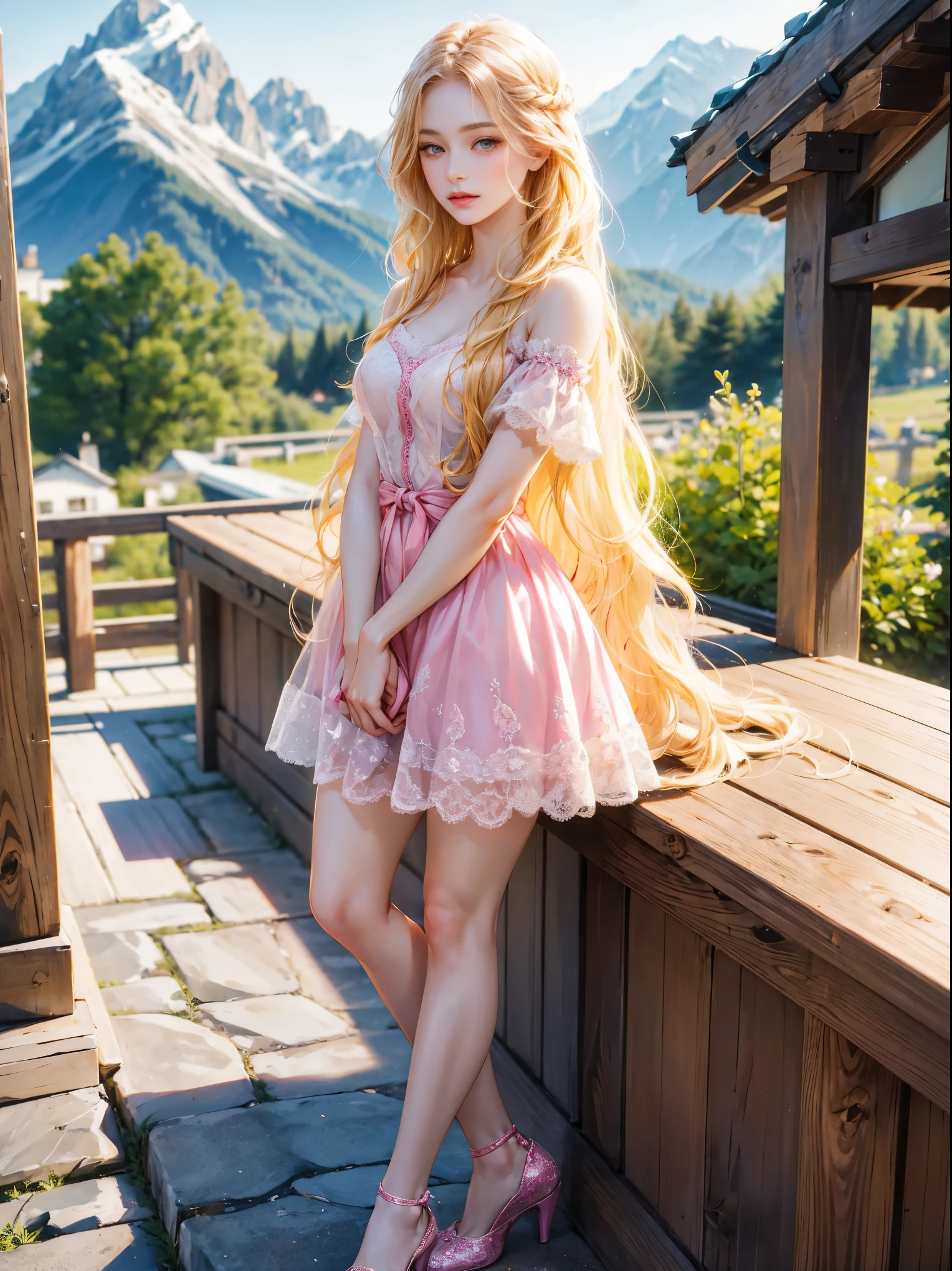 A girl, long blonde hair, wavy hair, no bangs, grey eyes. She wears a pink short dress, beautiful legs, beautiful girl, detailed eyes, detailed face, detailed hands. She is standing. She looks at the viewer. Background outside a mountain chalet