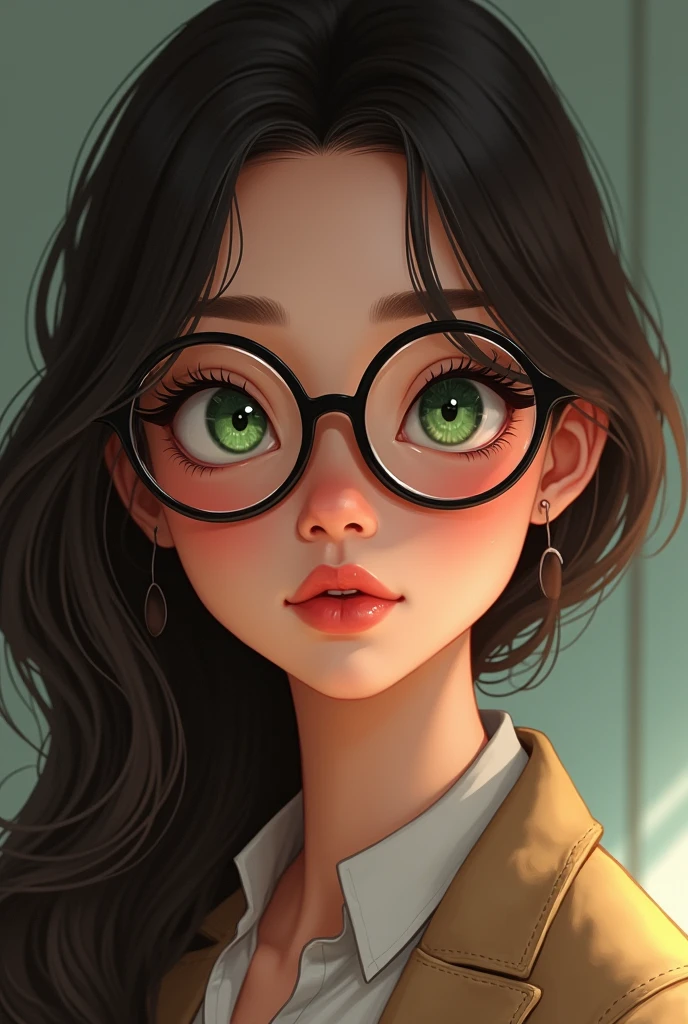 A brunette with a small pointed nose, big glasses, cute mouth, green eyes with an eyeliner line to stretch the eyes



