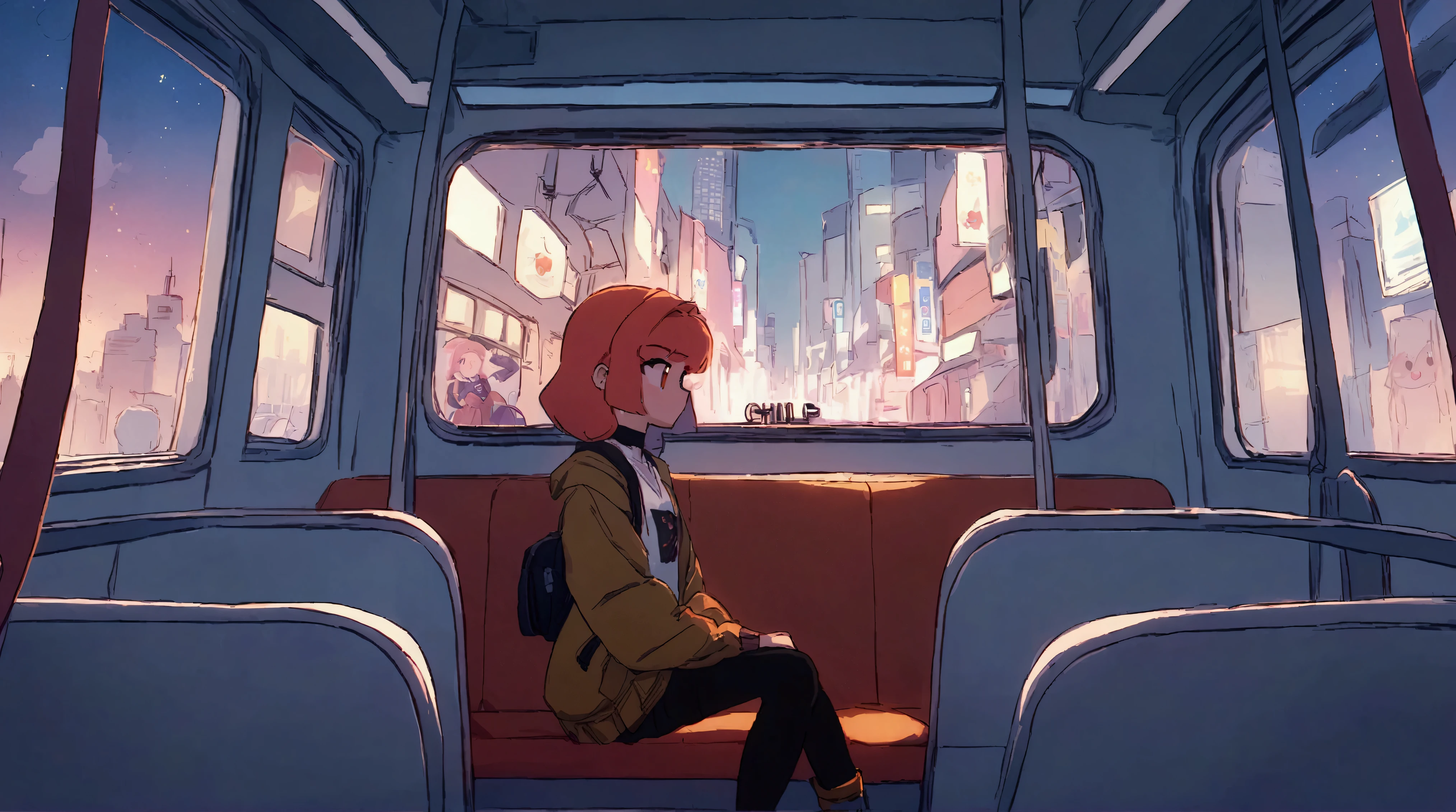 anime girl sitting on a bus looking out the window at the city, an anime drawing by Yuumei, trending on cg society, digital art, lofi hip hop, lofi girl, lofi artstyle, lofi art, lofi feel, chillhop, lofi vibes, lofi aesthetic, lofi, lofi girl aesthetic, anime aesthetic