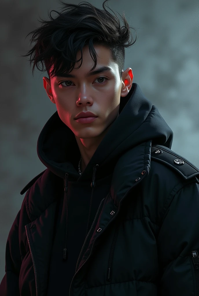 I need a drawing of a character that will be the face of a YouTube channel, will be a music channel, and the style of music is techno and electronic in general. Dark color palette and black. If it could be a light skinned boy in black clothes like he goes to raves enjoying music that would be perfect..