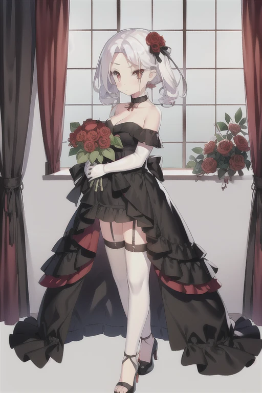 Vittorio_Veneto \(warship girls r\),((masterpiece)),(((best quality))),((ultra-detailed)),((illustration)),((disheveled hair)),((frills)),(1 girl),(solo),1girl, animal, bangs, bare shoulders, black dress, black flower, black footwear, black legwear, black ribbon, black rose, blood, bouquet, breasts, camellia, cat, cleavage, closed mouth, clothed animal, collarbone, dog, dress, elbow gloves, flower, full body, garter straps, gloves, gradient, gun, hair flower, hair ornament, high heels, holding bouquet, holding flower, jewelry, long hair, looking at viewer, low ponytail, medium breasts, orange eyes, pink rose, pubic tattoo, purple rose, red eyes, red flower, red rose, rose, rose petals, rose print, shoes, solo, spider lily, spot color, standing, strapless, strapless dress, stuffed animal, stuffed toy, thighhighs, thorns, twintails, short hair,white cat, white hair, white rose,Black wedding dress，long wedding dress