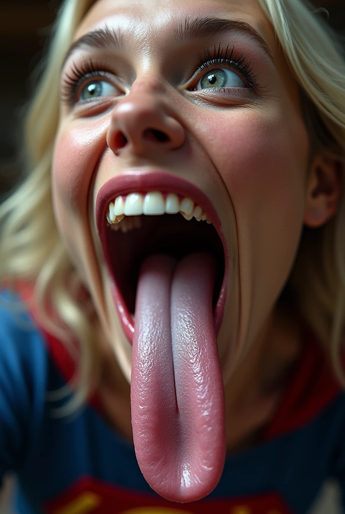 Supergirl opens her mouth wide showing you her uvula and super thick slimy meaty white Tongue