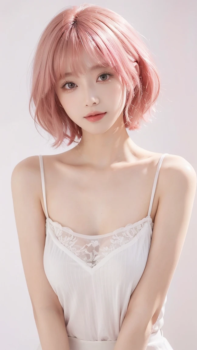 ((masterpiece、best quality))、short hair, ((pink waveing hair color)),((White background)),((camisole)), shape、super detailed、8k、actual、sharp focus、Very detailed、professional lighting、spotlight、Colorful details、Detailed texture,A stunningly beautiful girl,Wearing a transparent cheongsam,(most suitable hairstyle:1.4)、(in the most helpful way:1.3)、(Half-length photo:1.4)、big breasts、、18 years old、Smile、