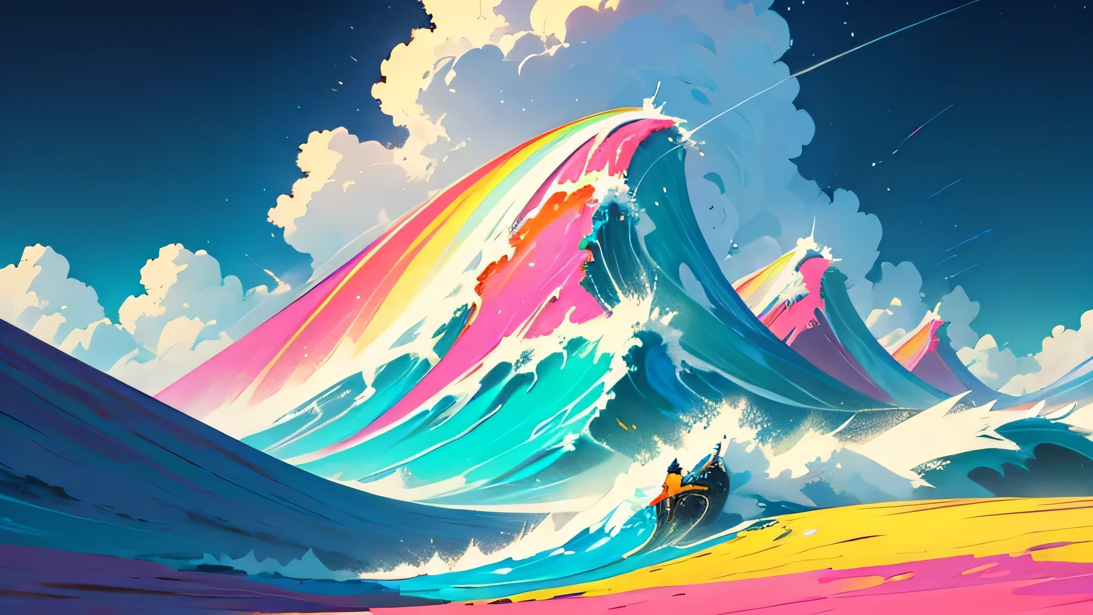 a colorful illustration of a wave crashing over a mountain, Psychedelic landscape, colorful illustration, colorful surreal plane ethereal, just a joke, Surreal psychedelic design, colorful surreal plane, artistic 4 k, arte digital elaborada, kilian eng vibrant colors, color digital painting, a surreal dream landscape, kilian eng vibrant colors, complex digital painting, digital landscape art