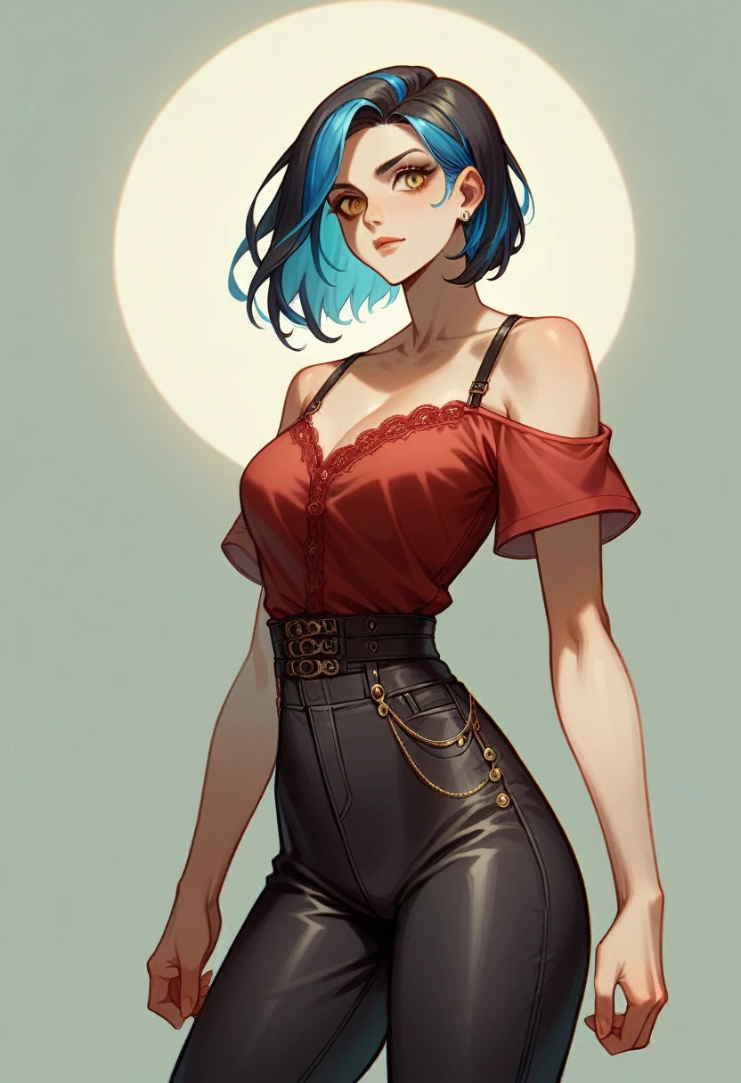 dark style ,make one with black hair with blue highlights and golden eyes with a red blouse and pants turned around and looking at the moon fanart
